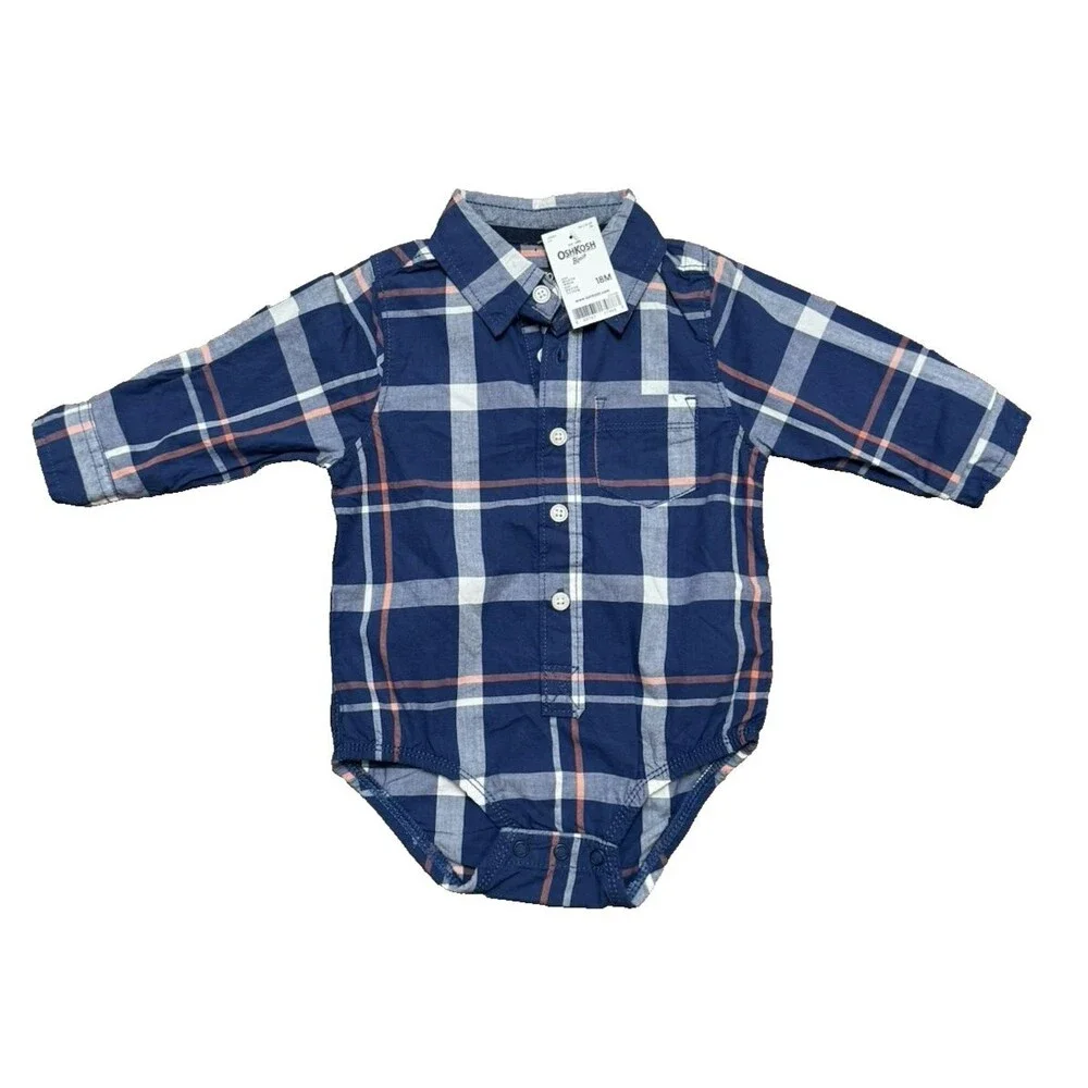 Oshkosh B'gosh Blue Plaid Button Down One Piece Shirt Size 18M Bodysuit NWT